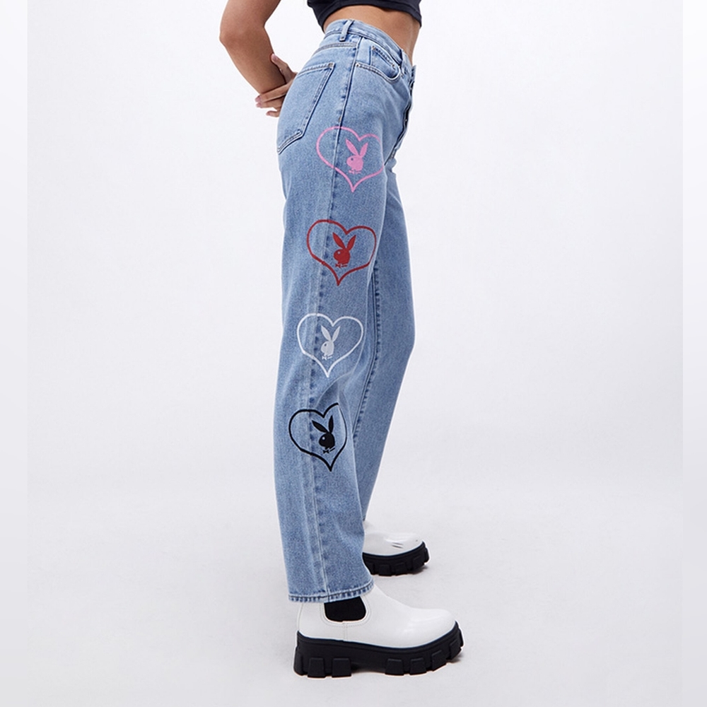 Playboy By PacSun Medium Blue Graphic Straight Leg Jeans Button Fly Size 24